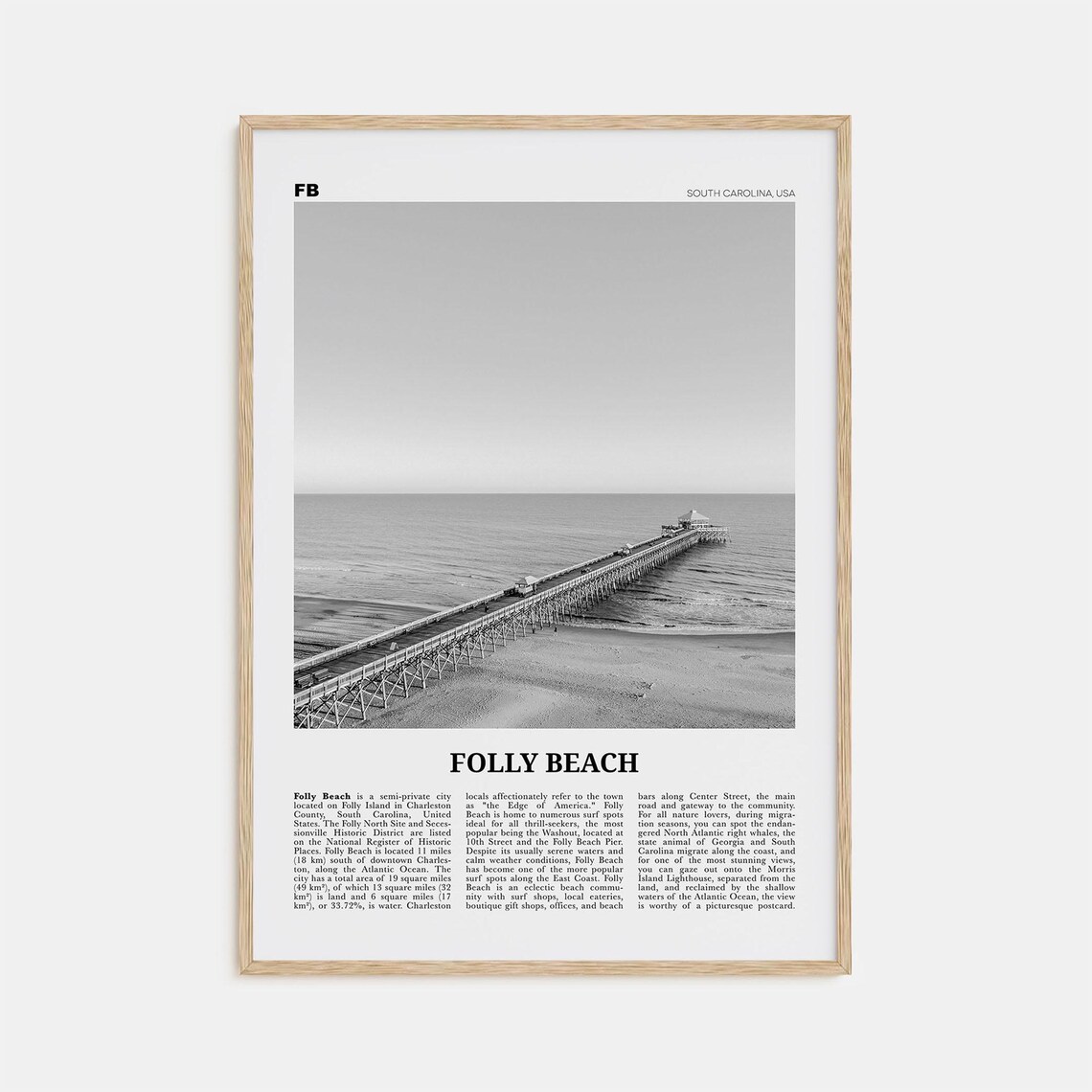 Folly Beach Black and White Travel Poster, South Carolina
