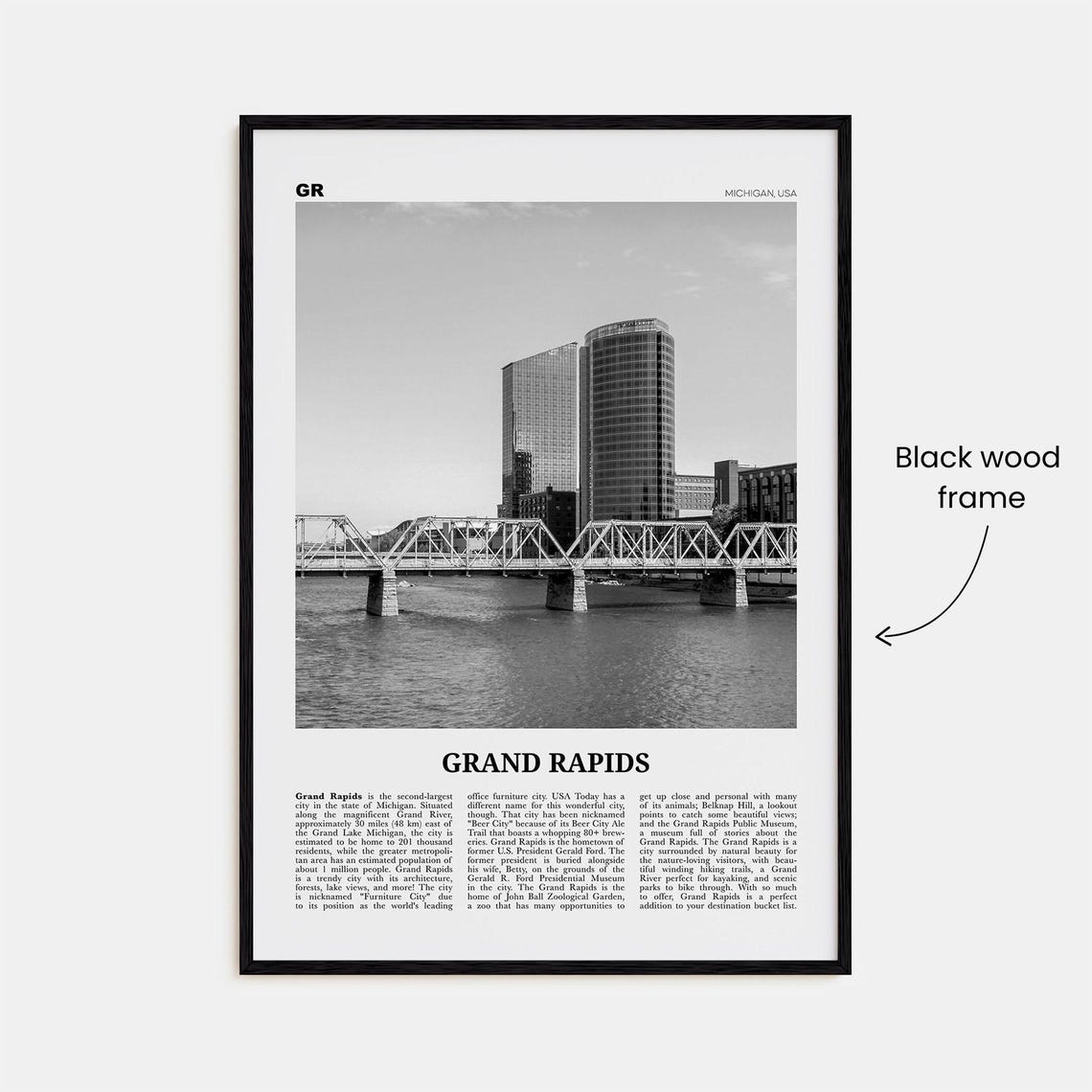Grand Rapids Black And White Michigan Travel Poster - Image 3