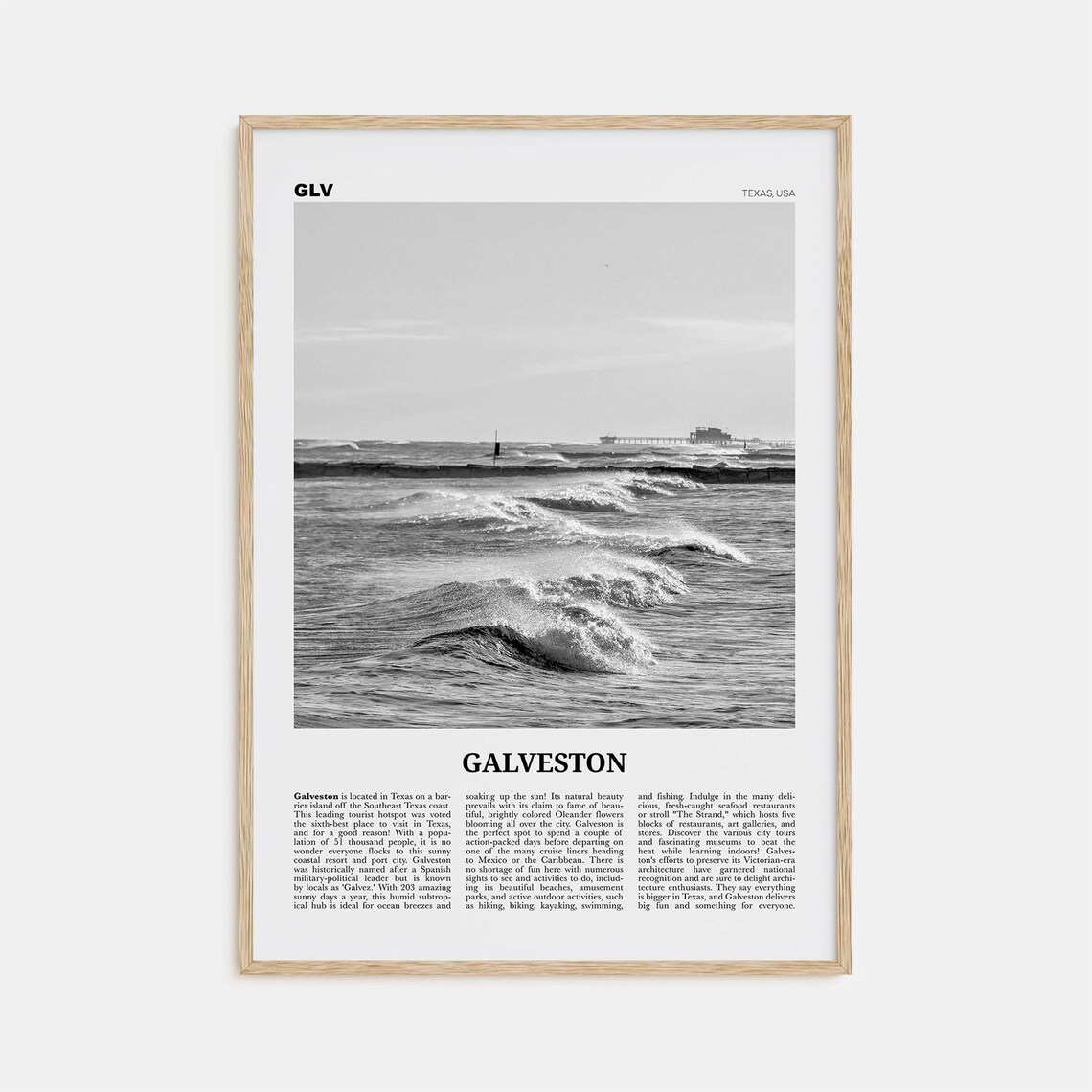 Galveston Black And White Travel Poster, Texas USA