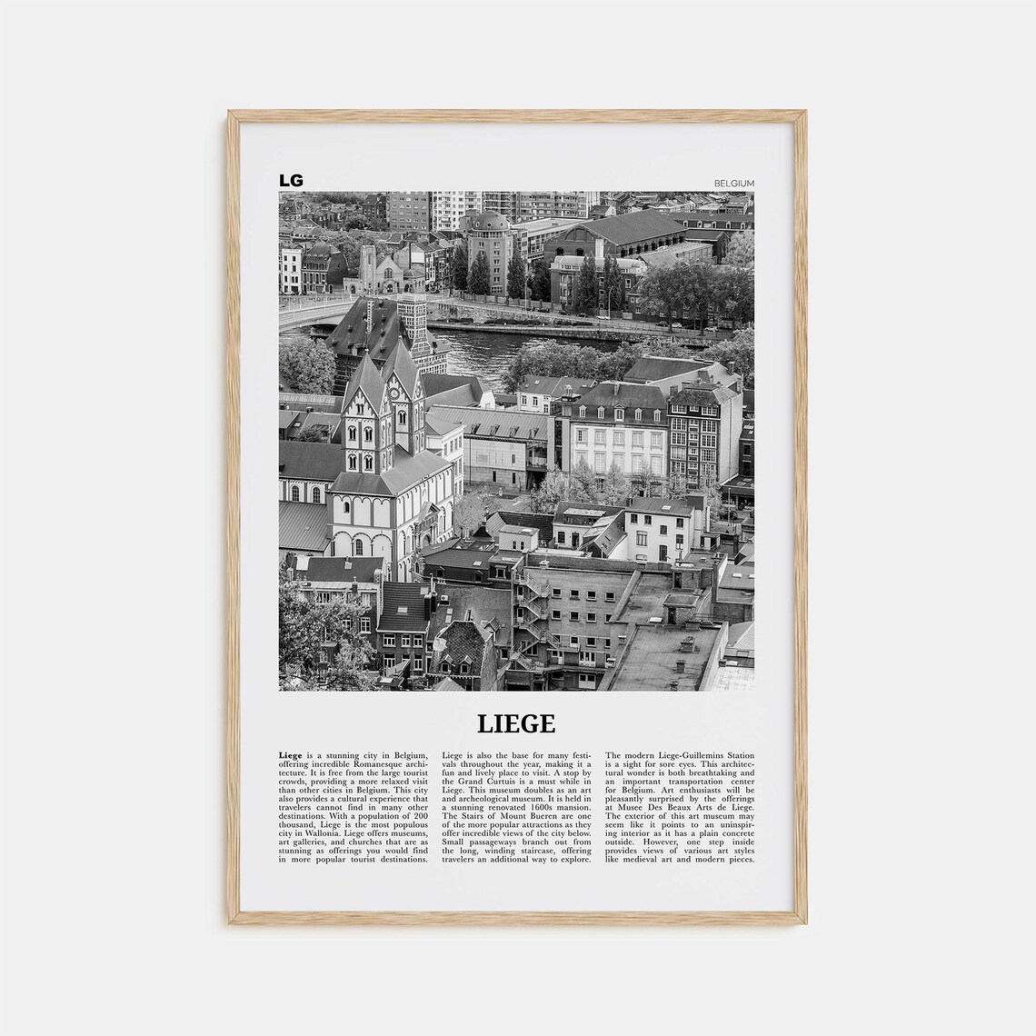 Liege Black and White Map, Belgium Travel Poster
