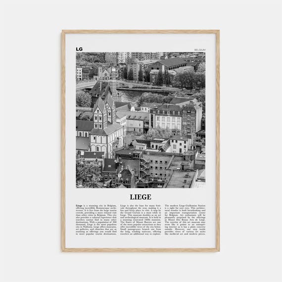 Liege Black and White Map, Belgium Travel Poster