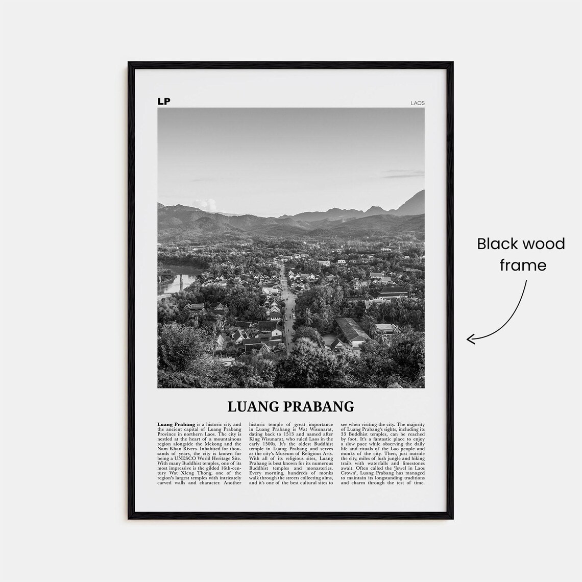Luang Prabang Black and White Travel Poster, Map - Image 3