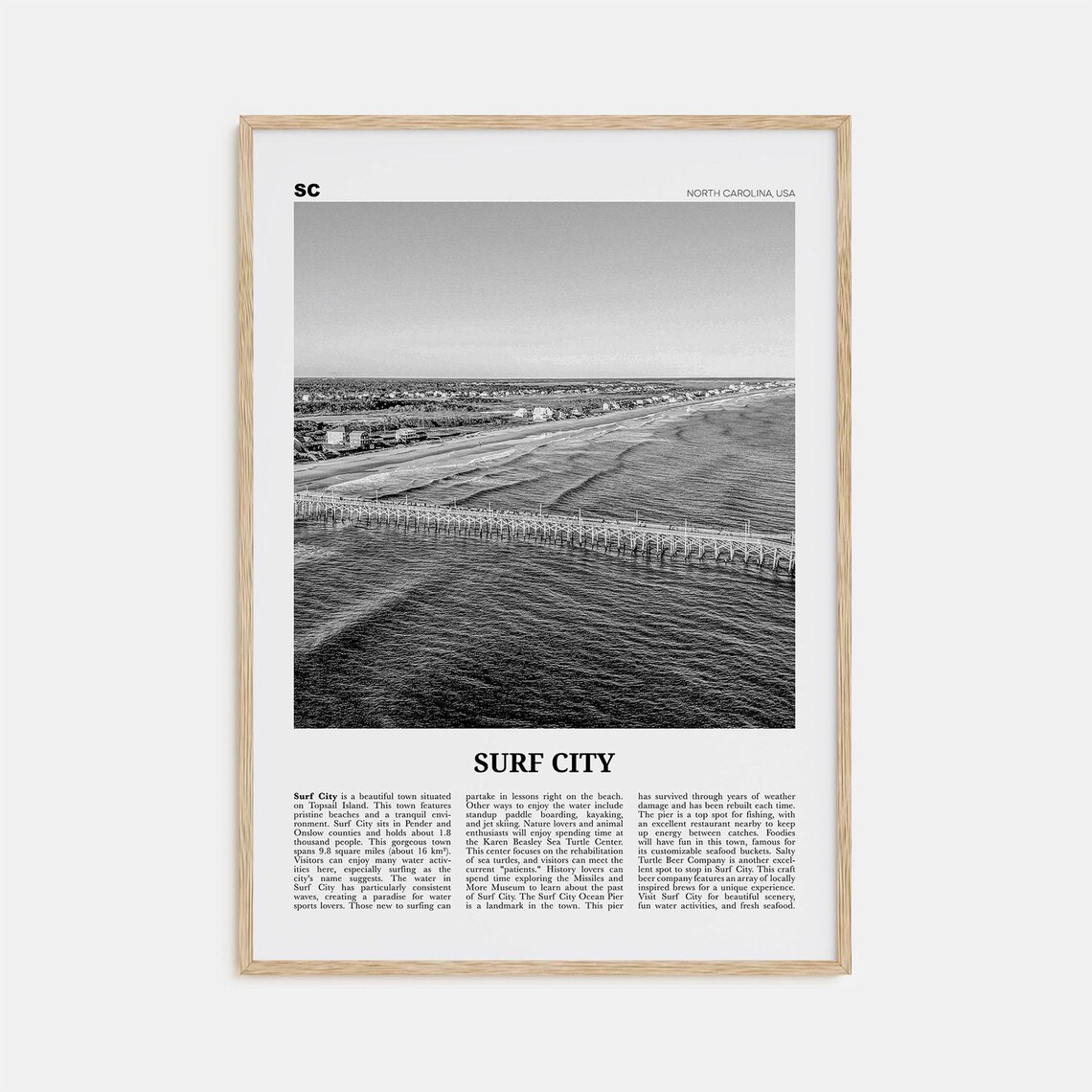 Surf City, North Carolina Black And White Travel Poster