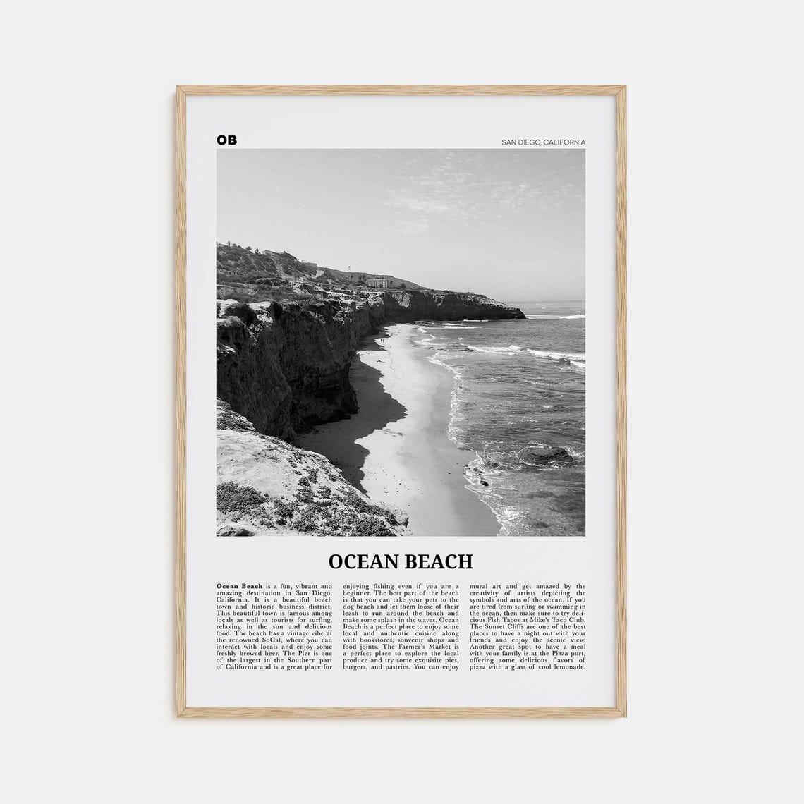 Ocean Beach, San Diego Travel Poster, Black and White