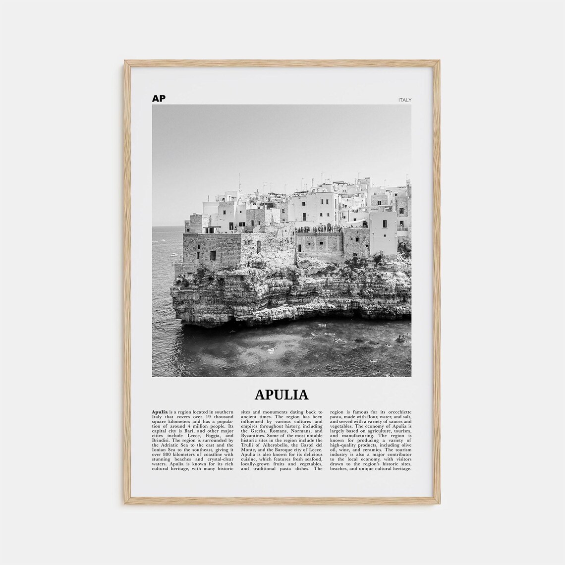 Apulia Black And White Travel Poster, Italy Map