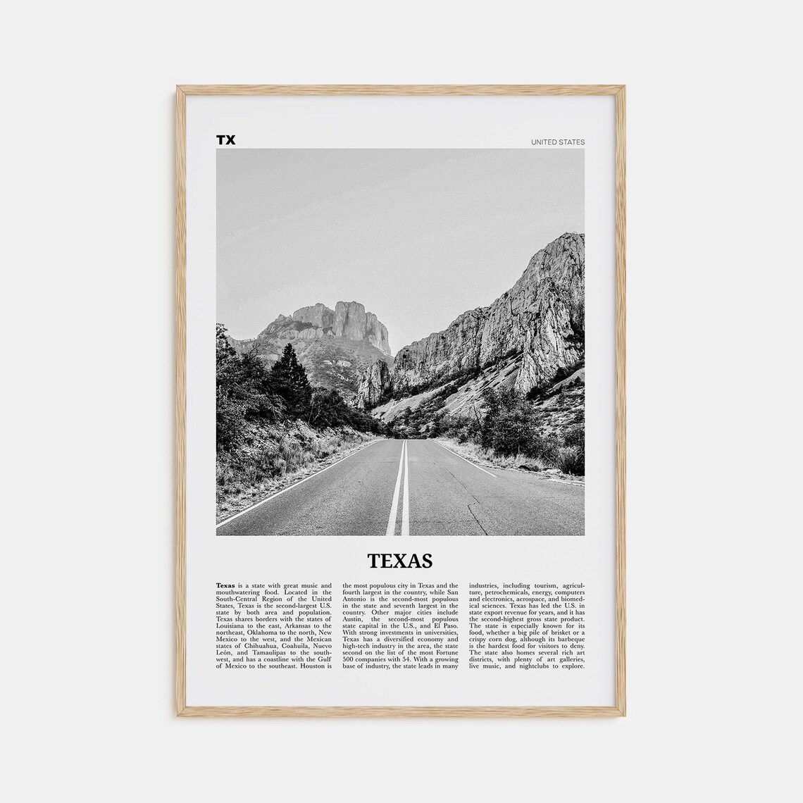 Texas Black and White No. 1 Travel Poster Print