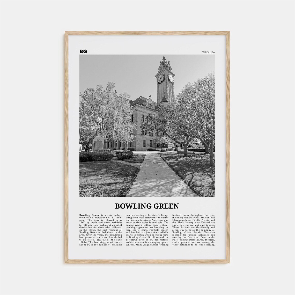 Bowling Green, Ohio Travel Poster, Black and White Map