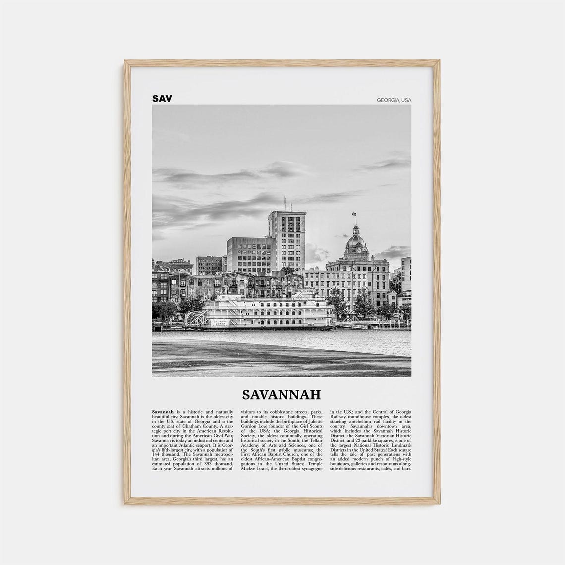 Savannah Black and White Travel Poster, Georgia USA