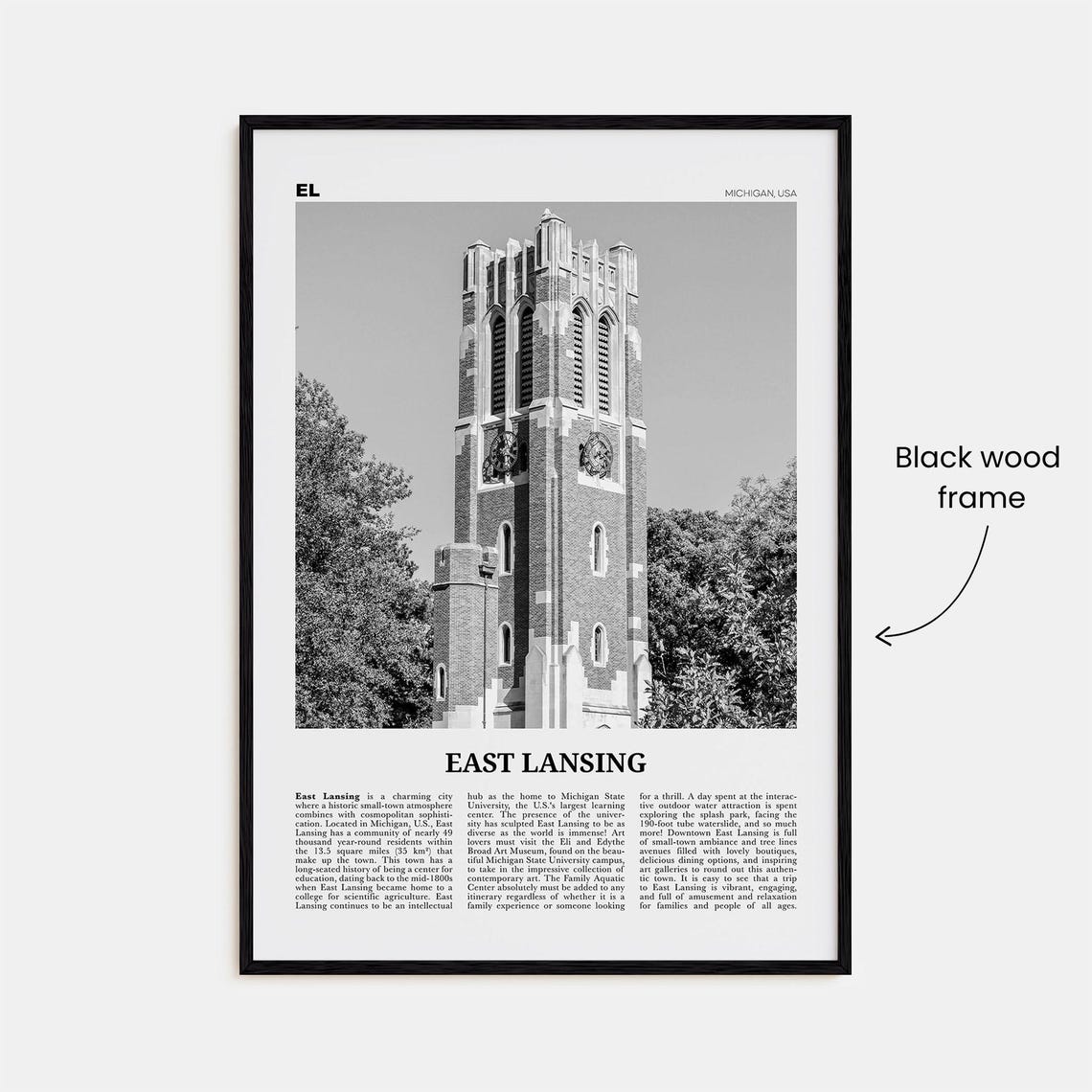 East Lansing Black and White Travel Poster, Michigan - Image 3