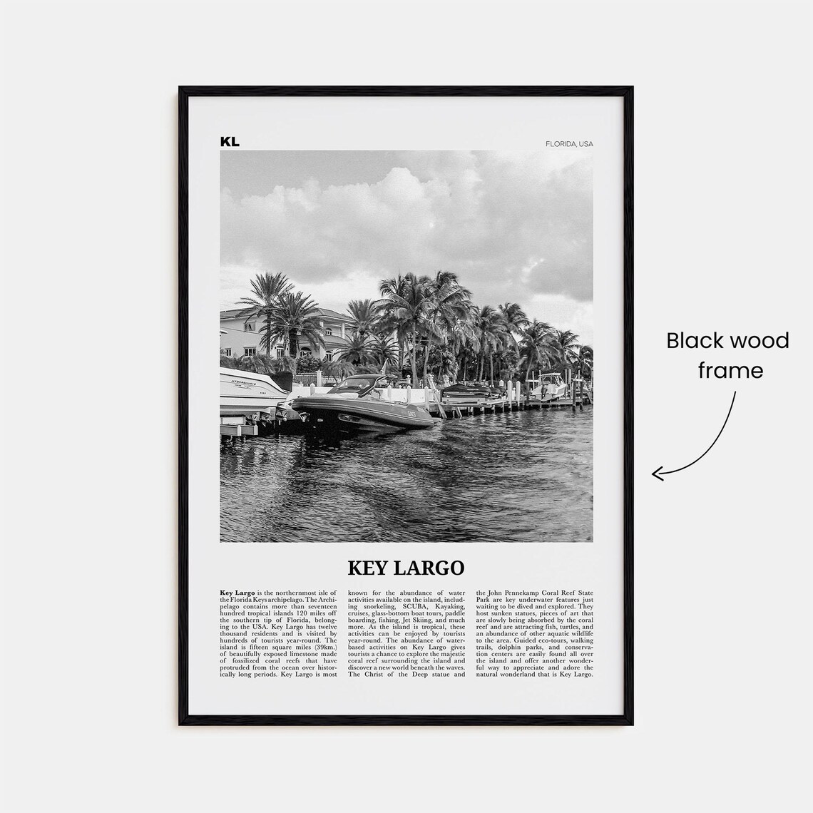 Key Largo Black and White Travel Poster, Florida Map - Image 3