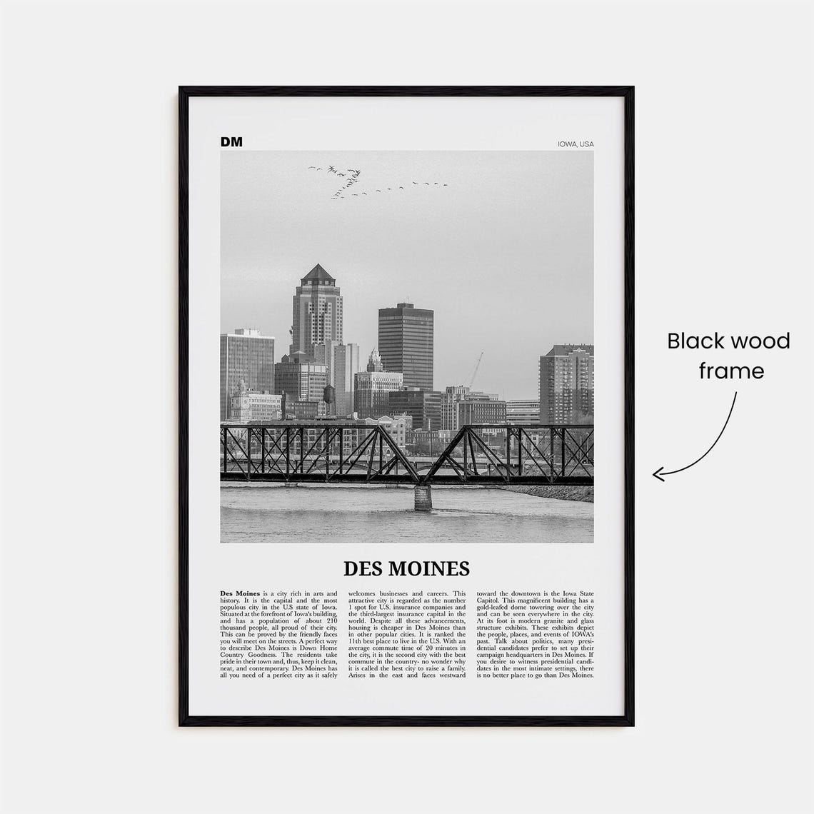 Des Moines Black and White Travel Poster, Iowa - Image 3