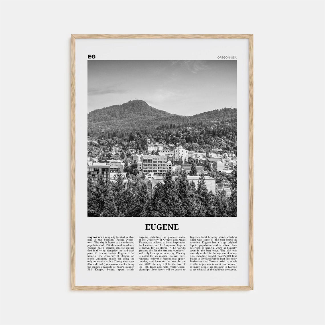 Eugene Black And White Poster, Oregon USA