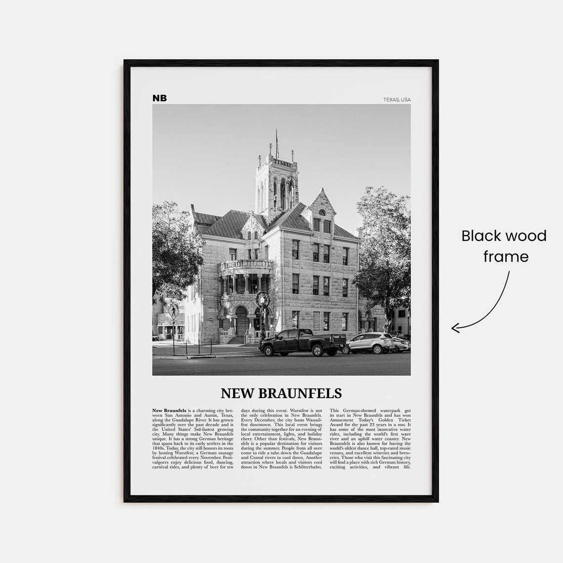 New Braunfels Black and White Map Art Print - Image 3