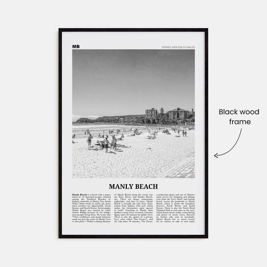 Manly Beach Black and White Travel Poster, Sydney - Image 3