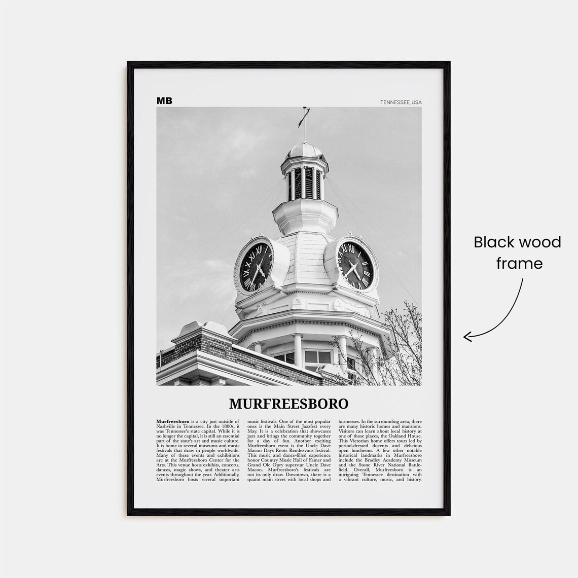 Murfreesboro Black and White Travel Poster, Tennessee - Image 3