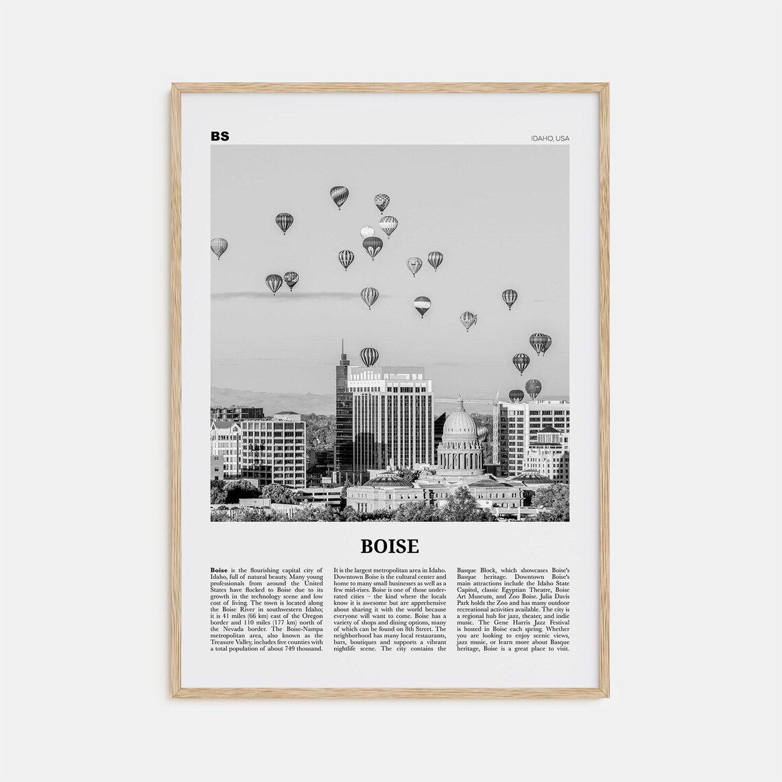 Boise Black And White Travel Poster, Idaho USA