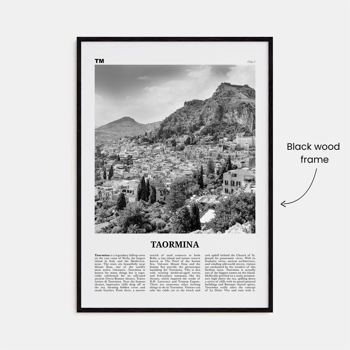 Taormina Map Italy Travel Poster, Black and White - Image 3