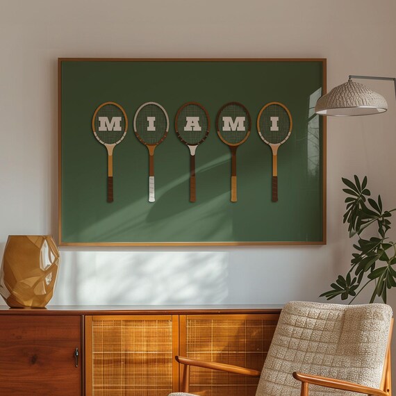 Vintage Wooden Tennis Rackets Spelling Miami Retro Sports Poster