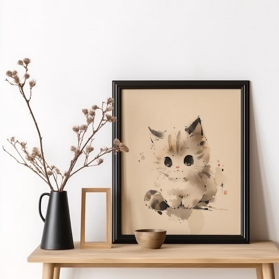 Cat Kitten Poster Print Nursery Japanese Art Watercolor Decor Gift For Baby