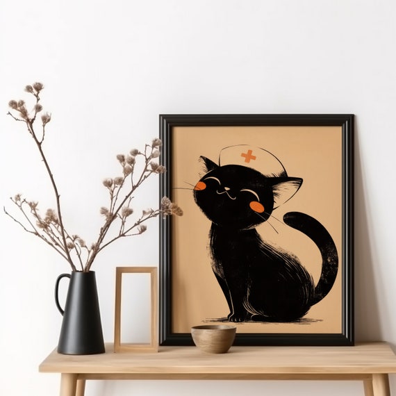 Nurse Black Cat Art Print Nursing Appreciation Gift Student Cute Graduation Happy Wall Decor