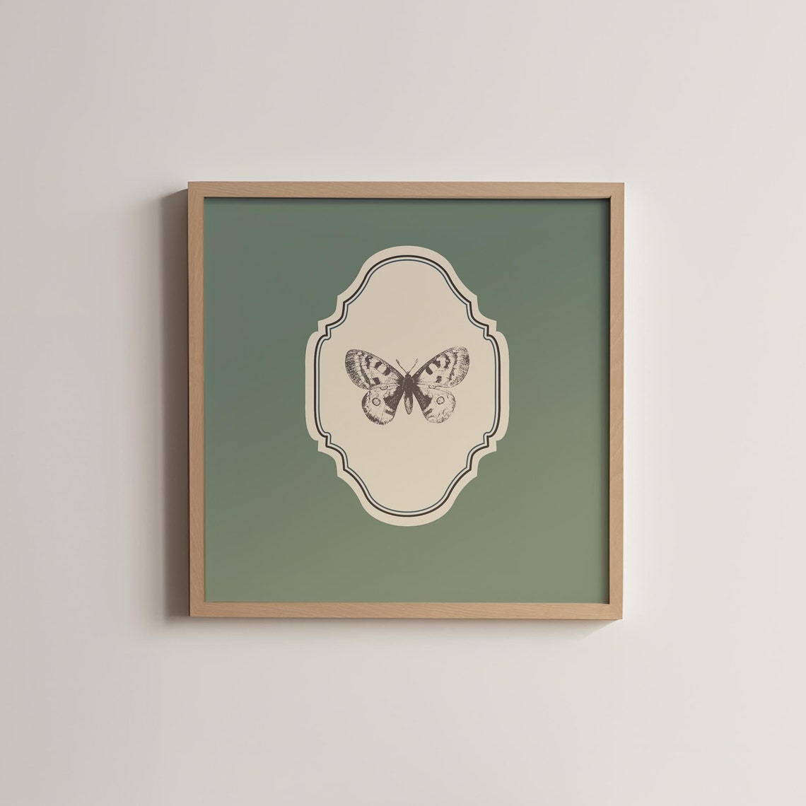 Sage Green Square Vintage Butterfly Engraving Ornate Art Poster