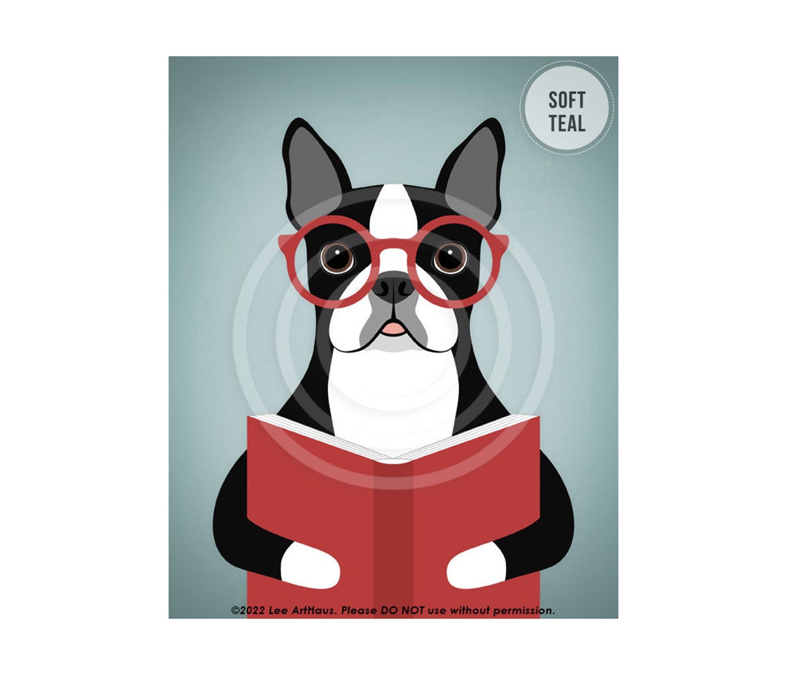 Boston Terrier Wearing Red Glasses Reading Book Smart Funny Dog Poster - Image 4