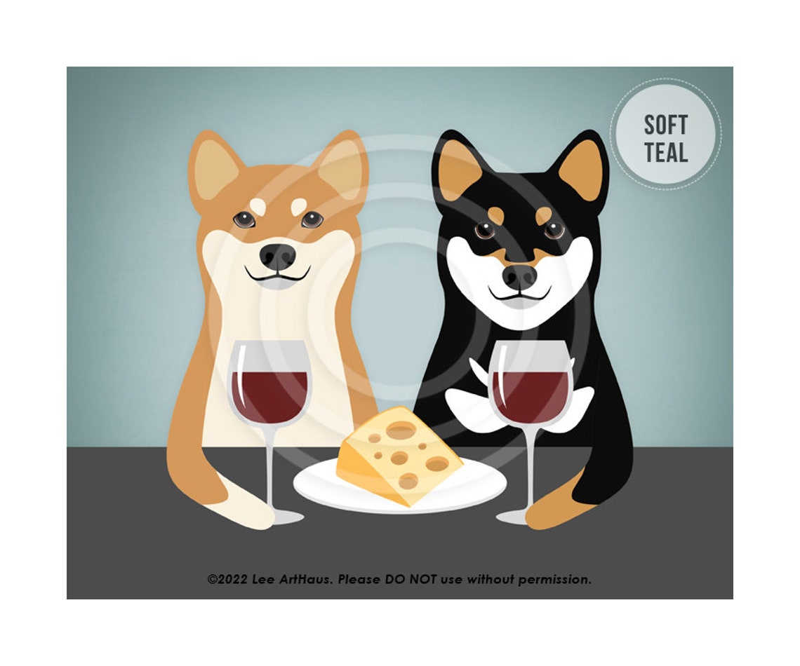 Two Shiba Inu Dogs Drinking Wine and Cheese Funny Dog Art Poster - Image 4