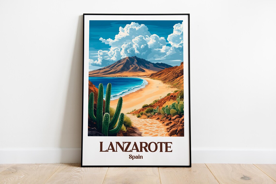 Lanzarote Spain Golden Beach With Cacti And Volcano Travel Poster