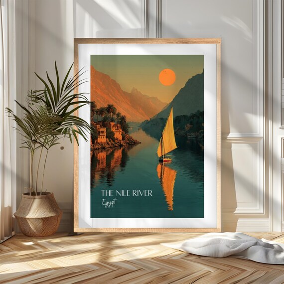 Nile River Egypt Felucca Sailboat Golden Sunset Travel Poster