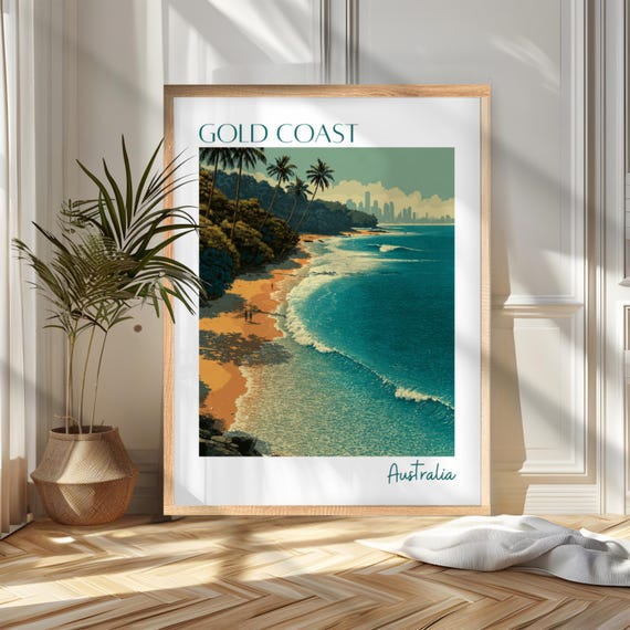 Gold Coast Australia Turquoise Surf Beach Palm Trees Retro Travel Poster