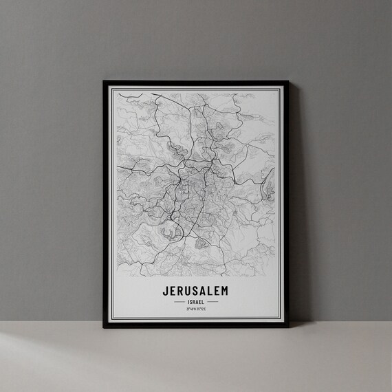 Jerusalem Israel Minimalist Black White City Street Map Poster