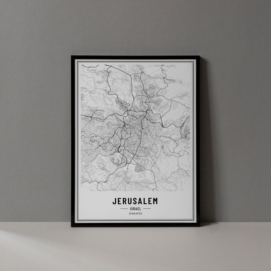 Jerusalem Israel Minimalist Black White City Street Map Poster