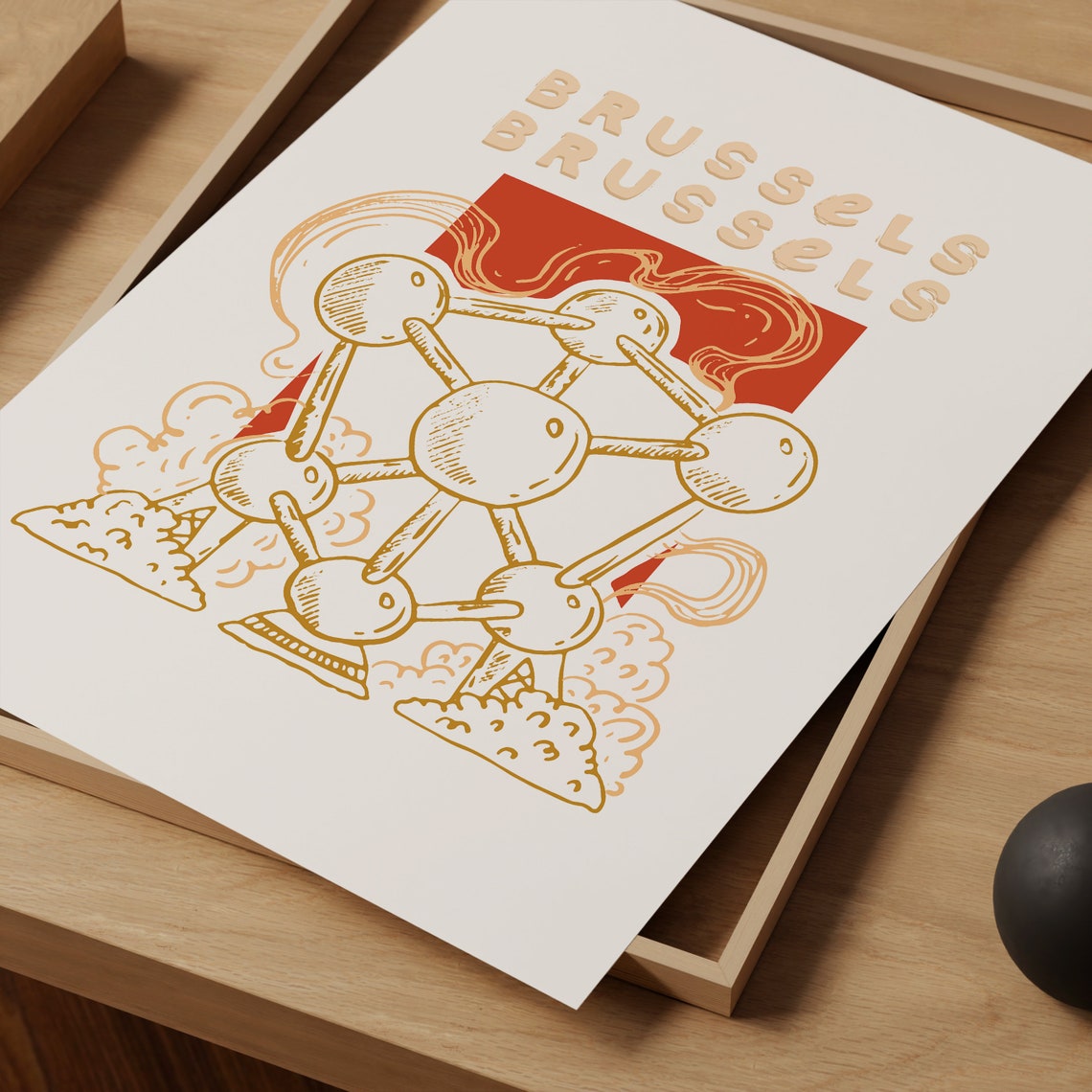 Brussels Atomium Belgium Gold Line Illustration Landmark Poster Art - Image 3