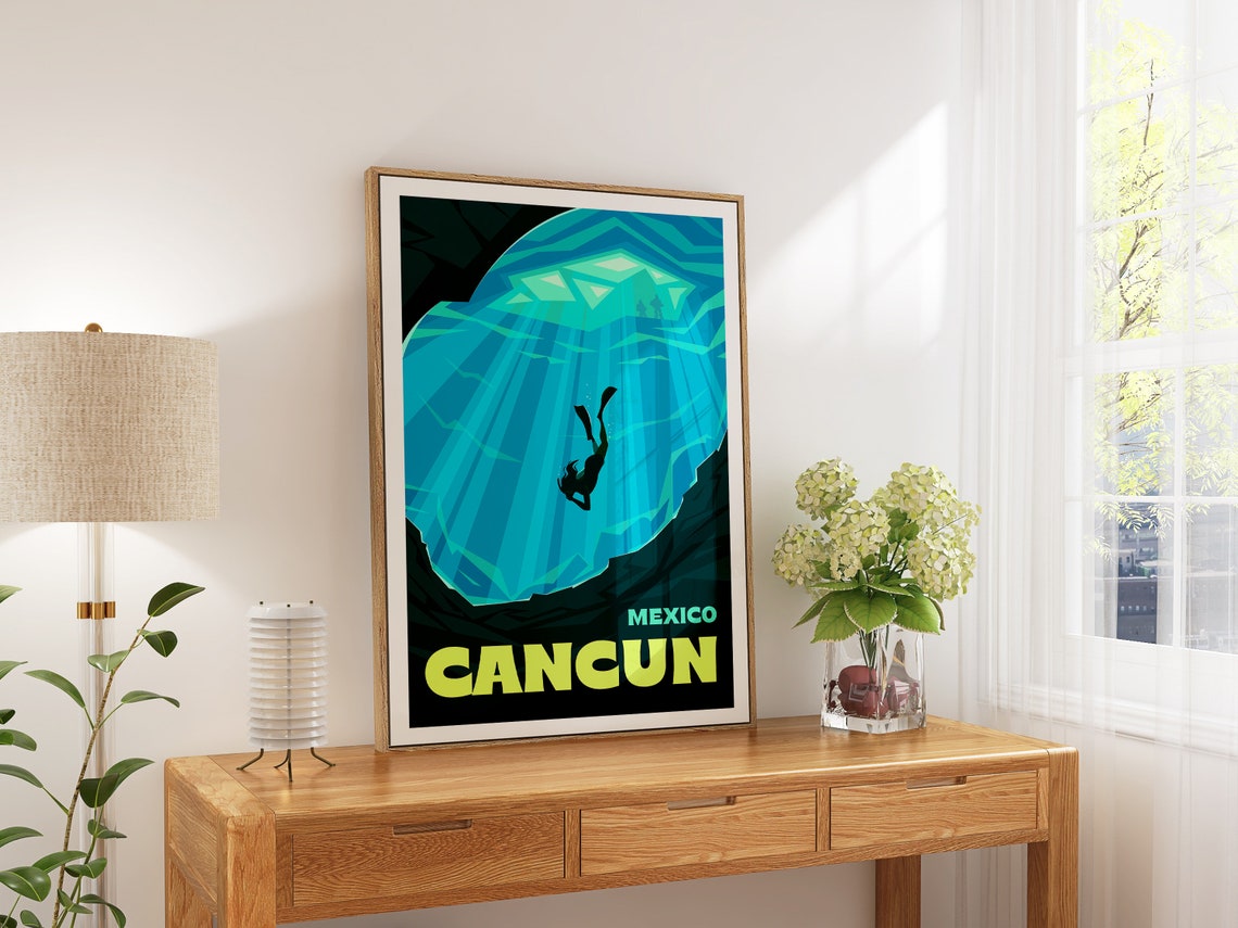 Cancun Mexico Cenote Diver Sunbeams Deep Underwater Art Poster - Image 3