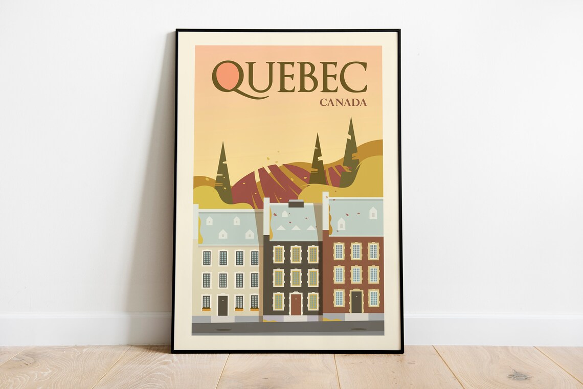 Quebec Canada Old Town Stone Houses Autumn Hills Travel Poster Art