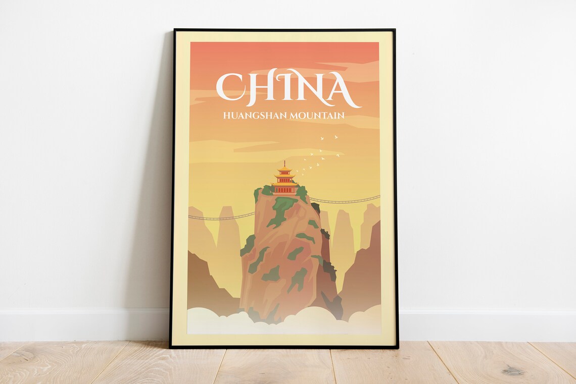 China Huangshan Mountain Pagoda Temple Sunrise Peaks Travel Poster