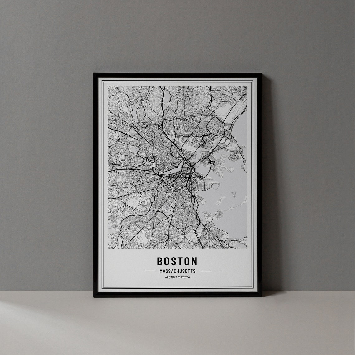 Boston Massachusetts Street Map Black and White Minimalist City Poster
