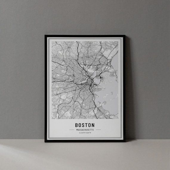 Boston Massachusetts Street Map Black and White Minimalist City Poster