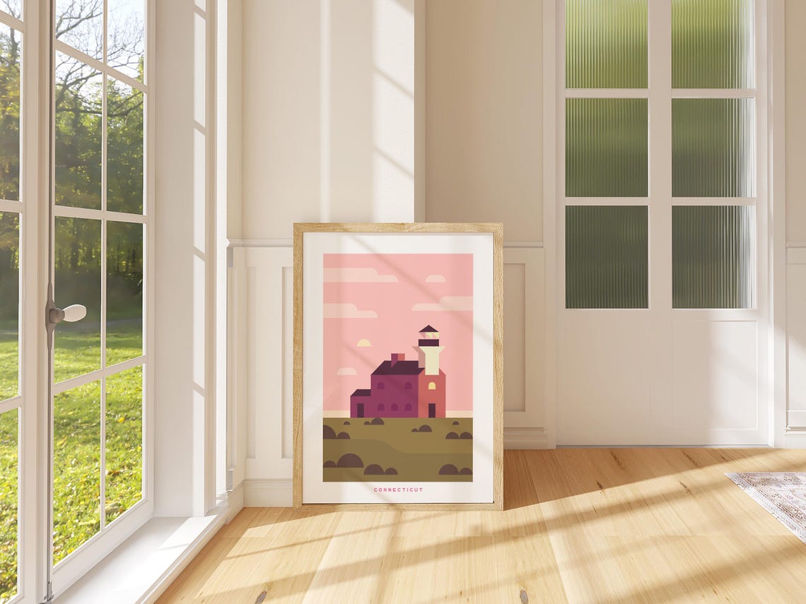 Connecticut Lighthouse Coastal Sunset Geometric Art Wall Poster - Image 3