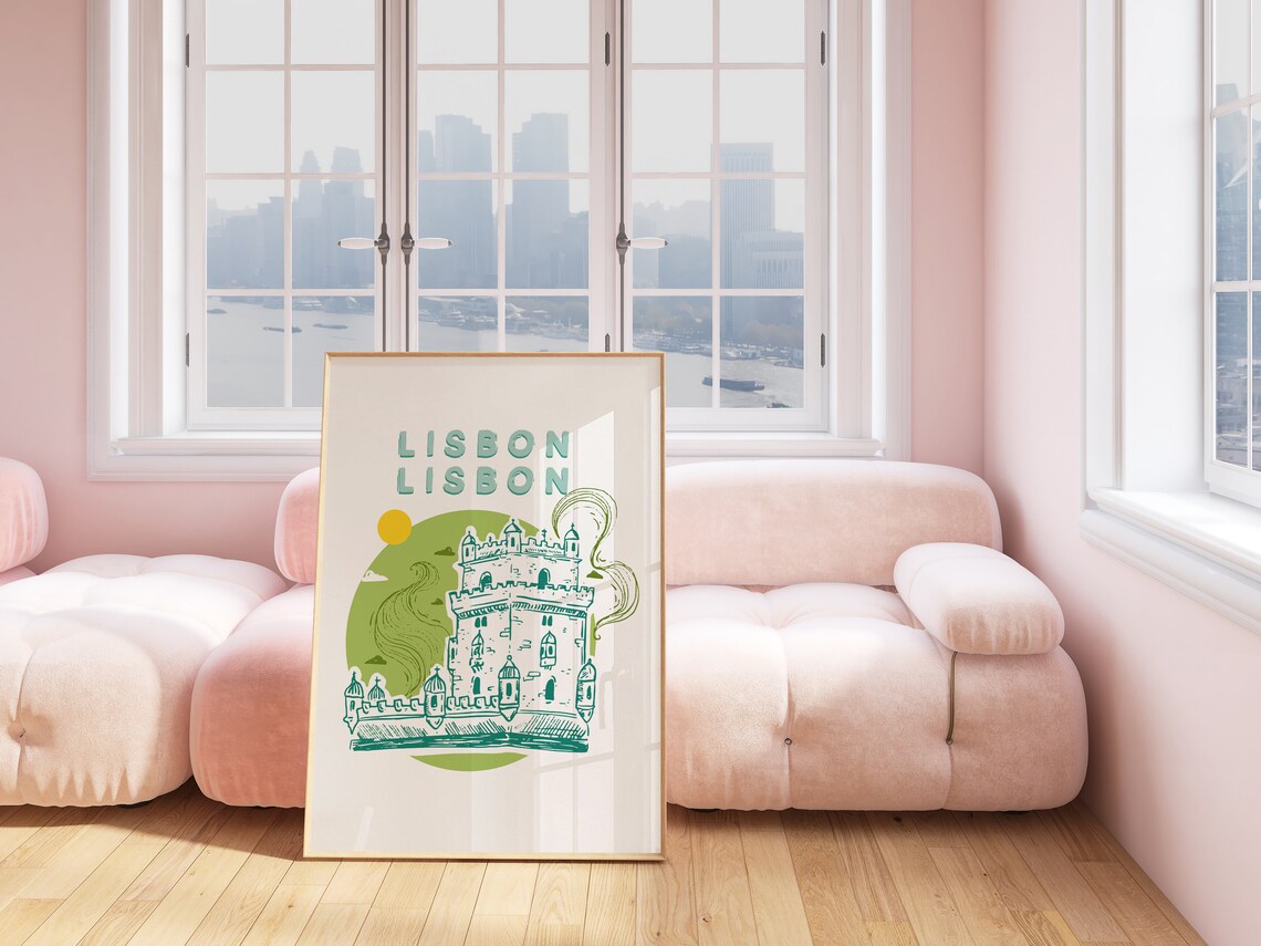 Belem Tower Lisbon Portugal Green Hand Drawn Illustration Poster - Image 6