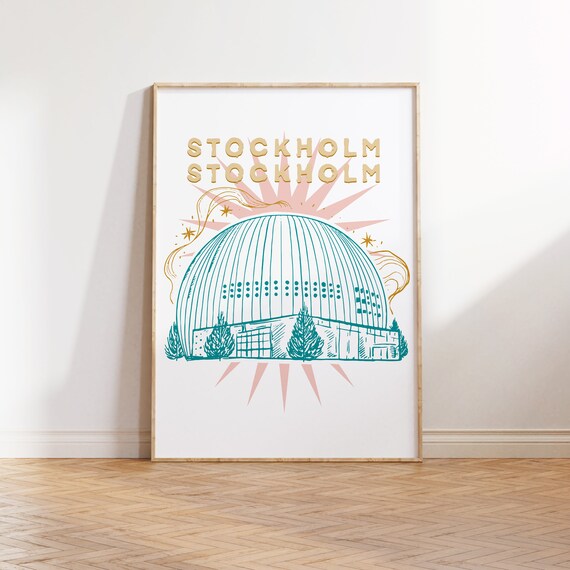 Stockholm Sweden Teal Globe Arena Sketch Line Art Retro Poster
