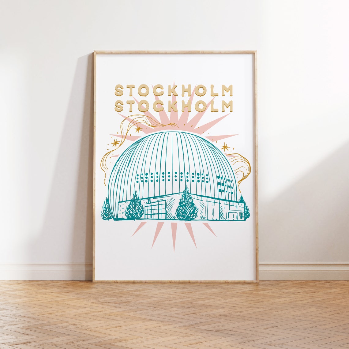 Stockholm Sweden Teal Globe Arena Sketch Line Art Retro Poster