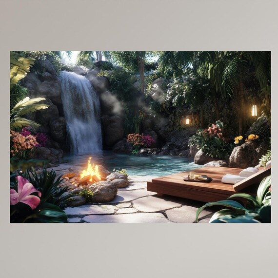 Tropical Garden Oasis With Waterfall And Fire Pit Serene Jungle Retreat Wall Art Relaxing Nature Decor For Home Or Spa