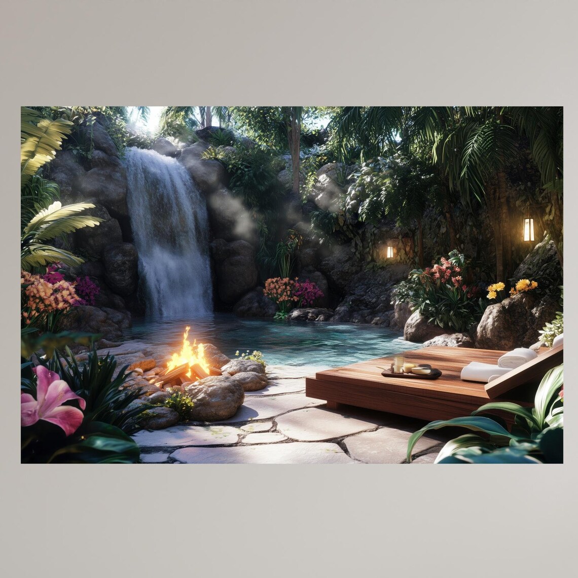 Serene Jungle Waterfall Pool Fire Pit Wooden Loungers Night Poster