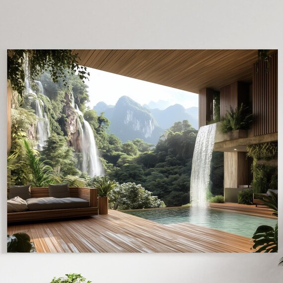 Modern Villa Deck Plunge Pool Built In Waterfall Mountain View Poster