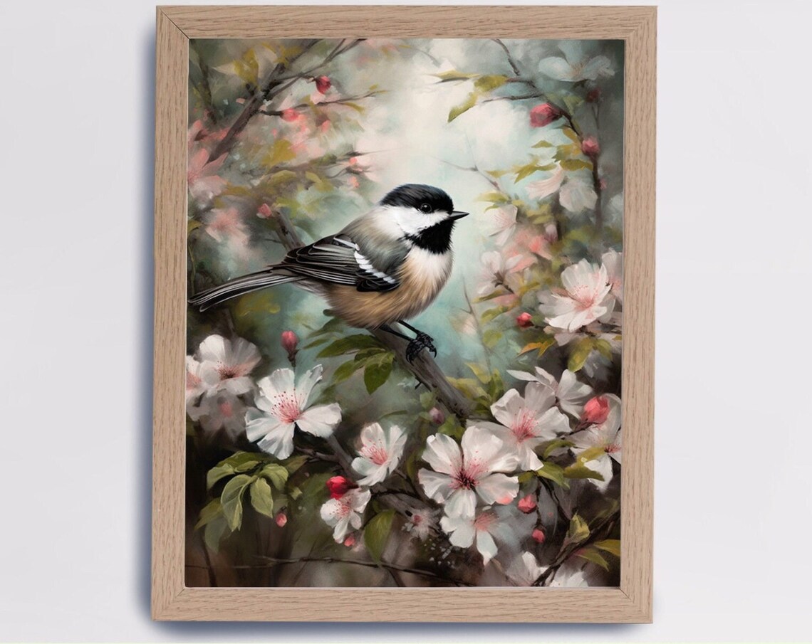 Chickadee Among White Spring Blossoms Dark Botanical Wildlife Poster