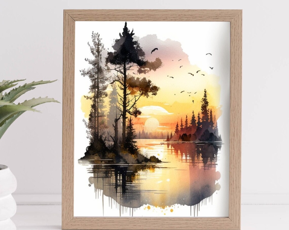 Sunset River with Pines and Birds Watercolor Landscape Poster - Image 3