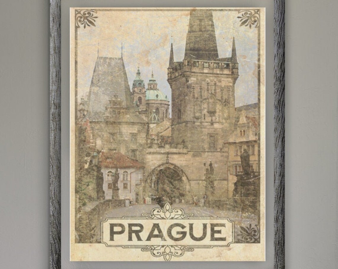 Prague Czech Charles Bridge Old Town Tower Vintage Travel Poster