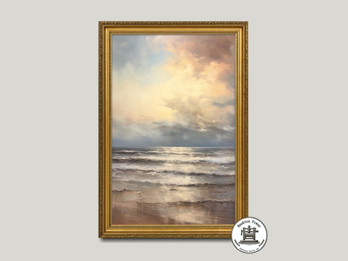 Golden Hour Ocean Waves Sunset Beach Seascape Painting Art Poster