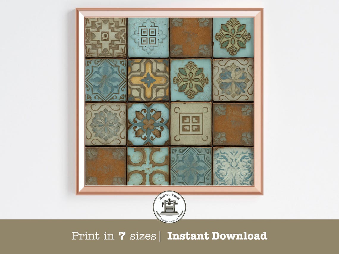 Vintage Mediterranean Mosaic Tile Teal Terracotta Pattern Print